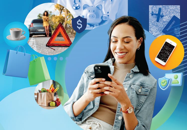 girl of phone surrounded by banking benefits