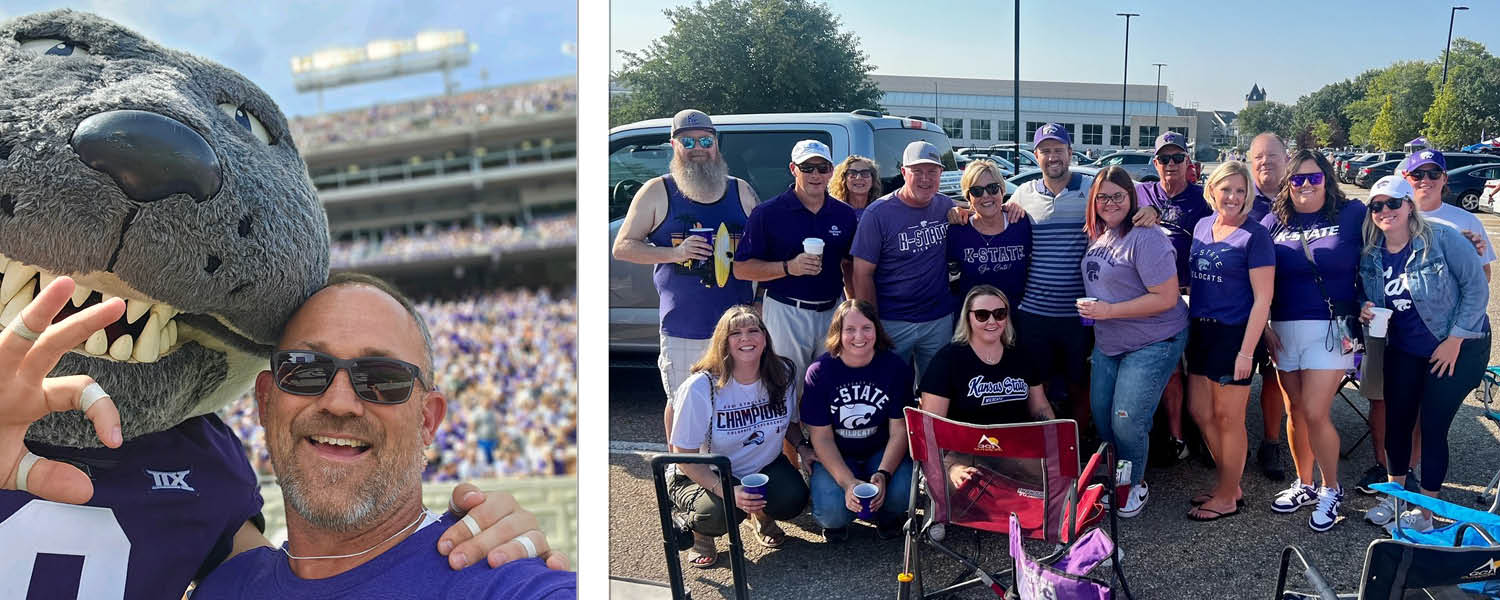 group of Sunflower Bank employees at a K-state Football Game with the Wildcat Mascot