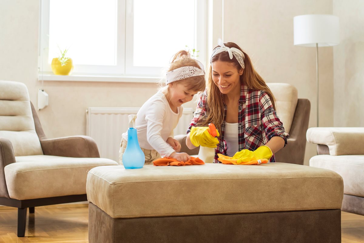 Mom and daughter cleaning