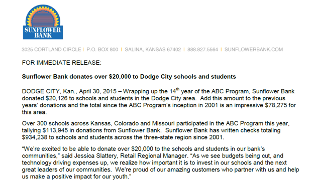 Sunflower Bank press release announcing a $20,126 donation to Dodge City schools and students through its ABC Program in 2015.