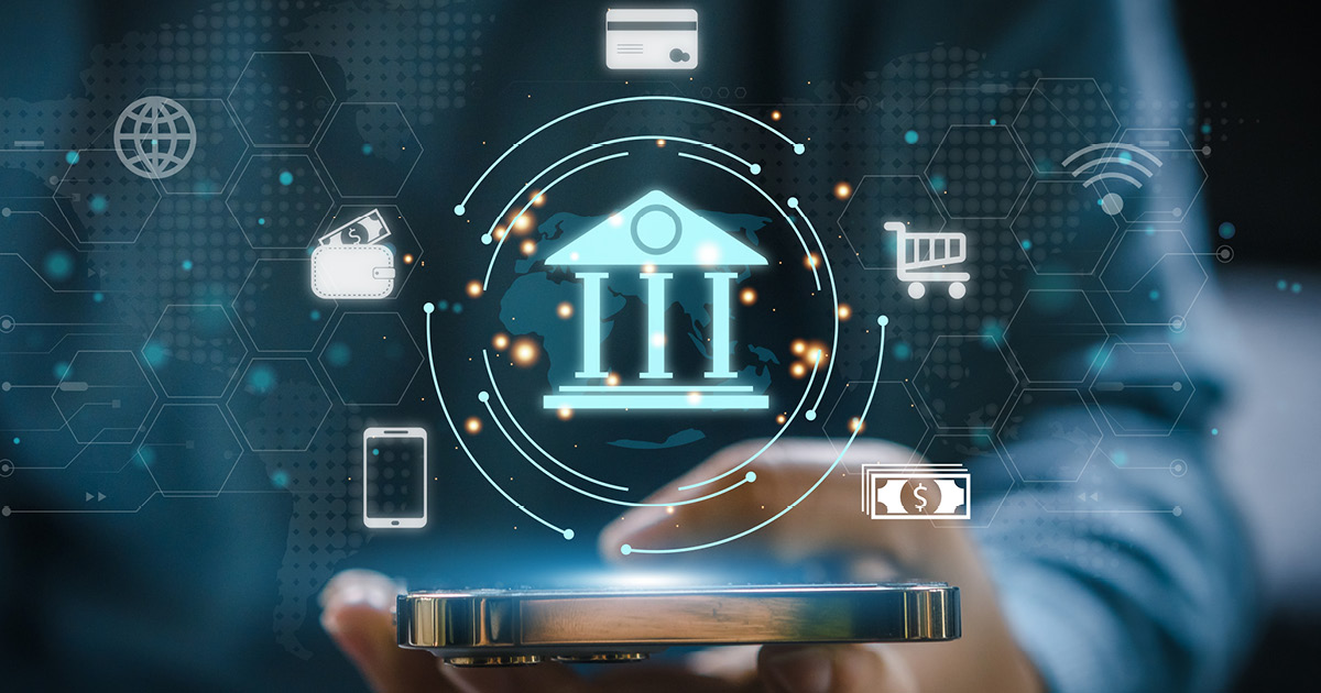 hand holding cell phone showing a bank network