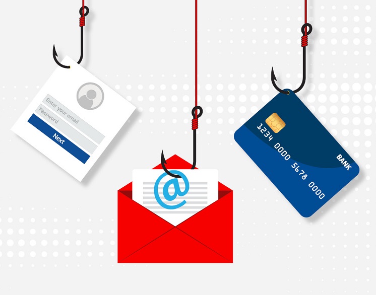 illustrative fish hooks attached to a login screen, envelope and credit card