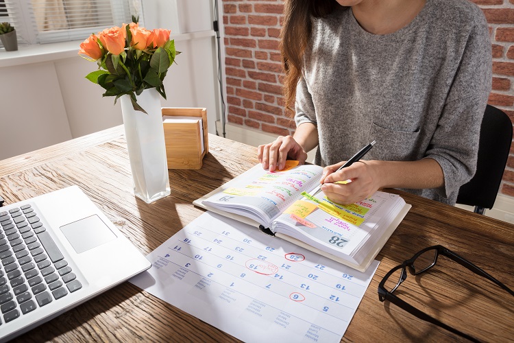 woman looking at notebook