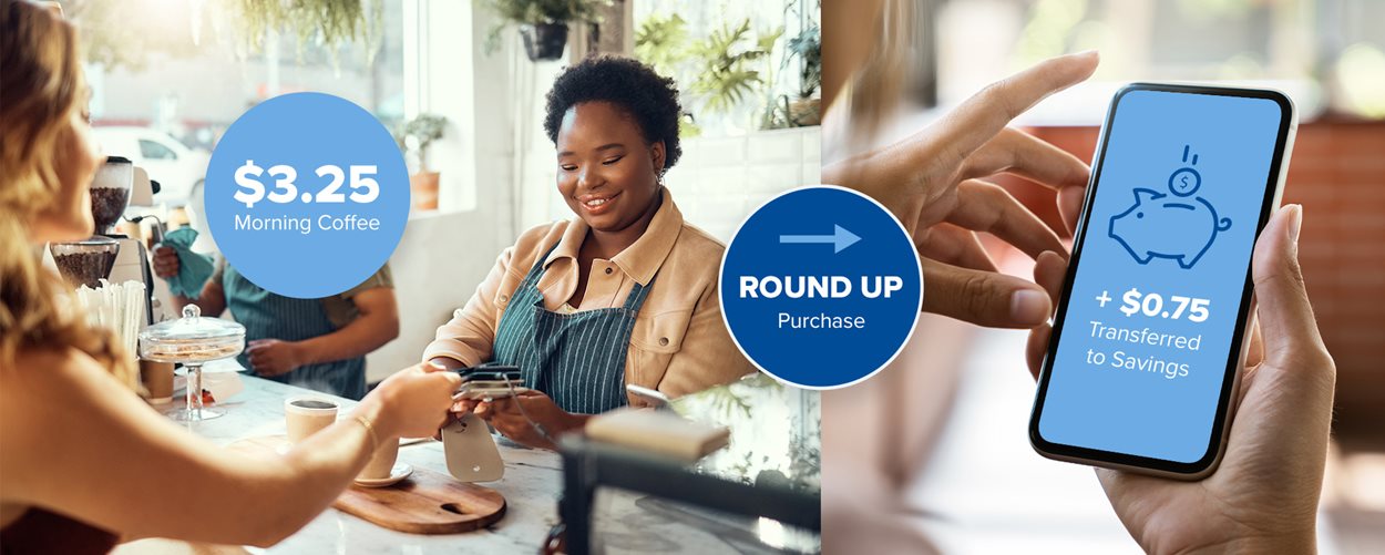 Woman looking at her phone showing round up savings